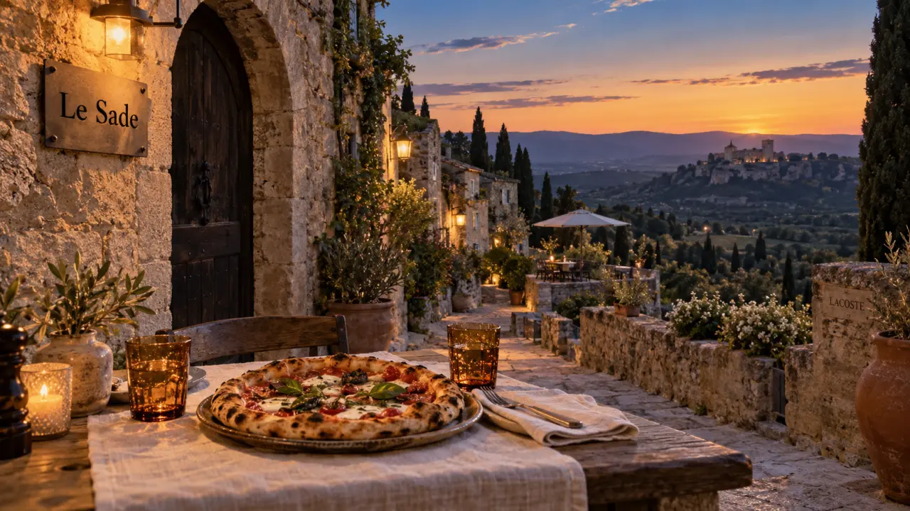 Restaurant Lacoste Luberon Le Sade : terrasse avec table et vue sur le château