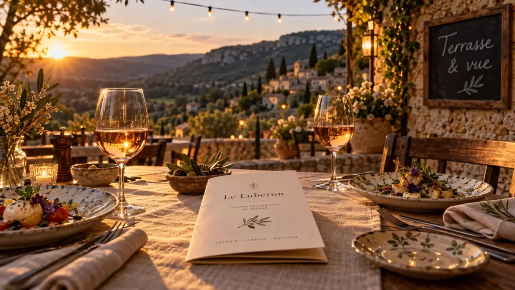Restaurant pied du Luberon : terrasse et vue golden hour