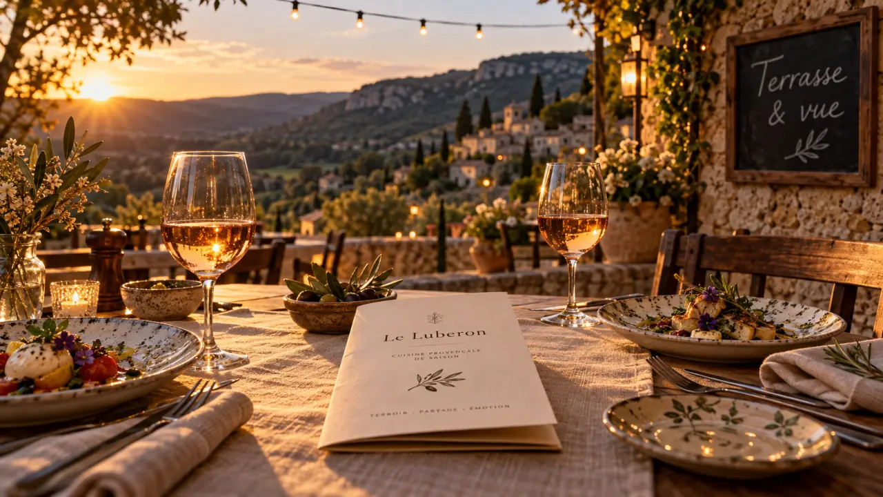 Restaurant pied du Luberon : terrasse et vue golden hour