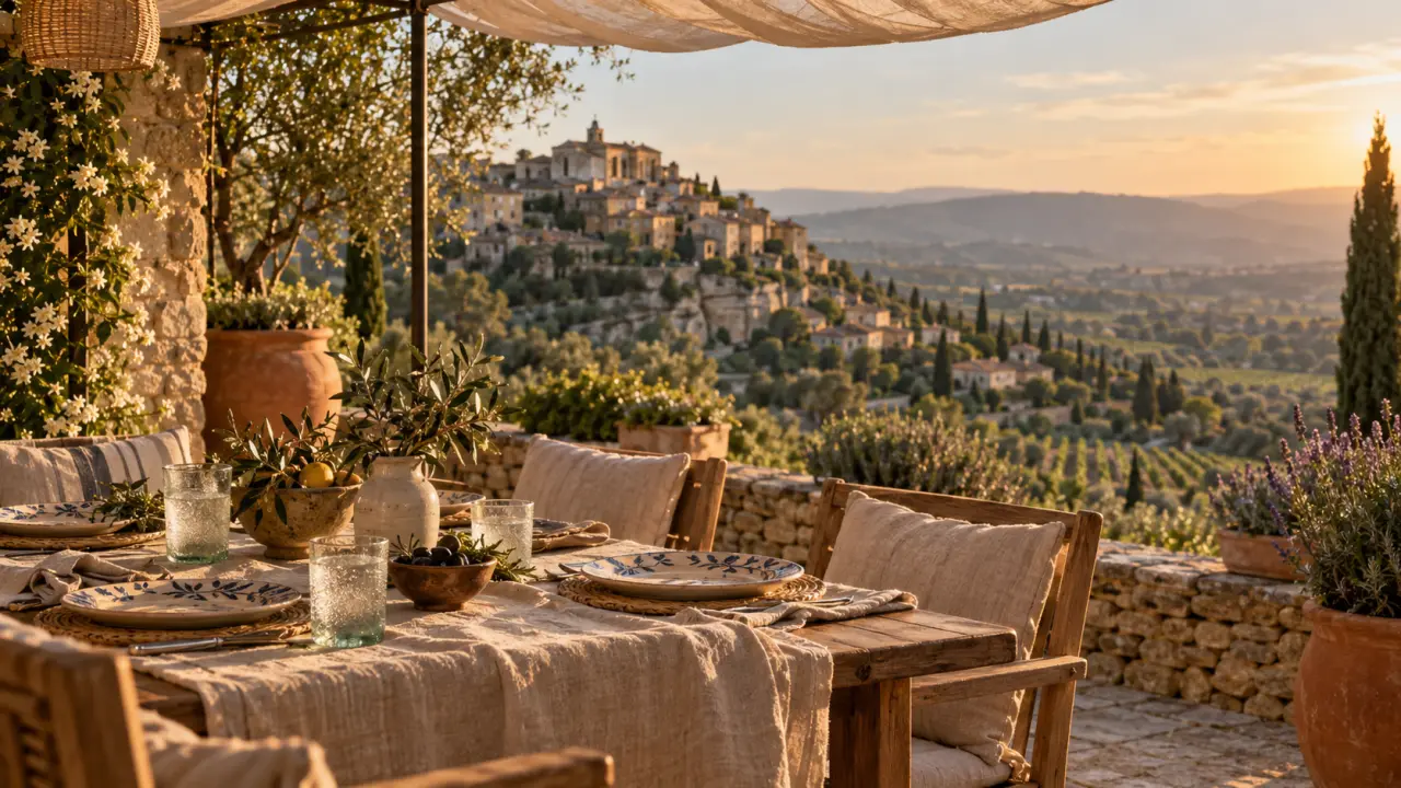 Restaurant avec vue Luberon : terrasse en pierre sèche à Gordes, panorama